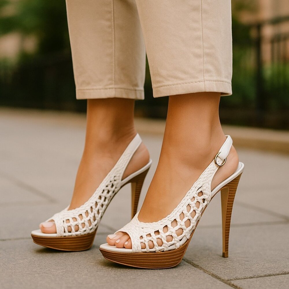 Brian Atwood NWT White Heels Slingback 40 Leather Crochet Braided Stiletto NIB 9